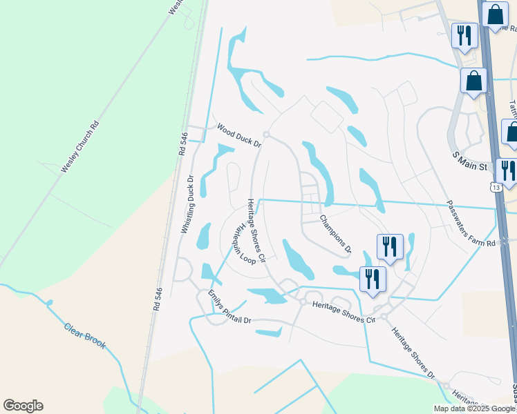 map of restaurants, bars, coffee shops, grocery stores, and more near 31 Ruddy Duck Lane in Bridgeville