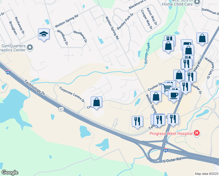 map of restaurants, bars, coffee shops, grocery stores, and more near Road in O'Fallon