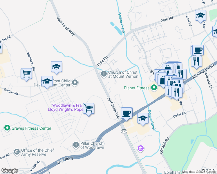 map of restaurants, bars, coffee shops, grocery stores, and more near 8760 Mill Towns Court in Alexandria