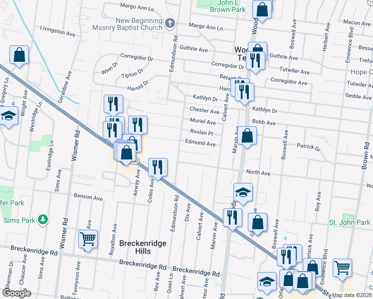 map of restaurants, bars, coffee shops, grocery stores, and more near 9429 Burdella Avenue in St. Louis