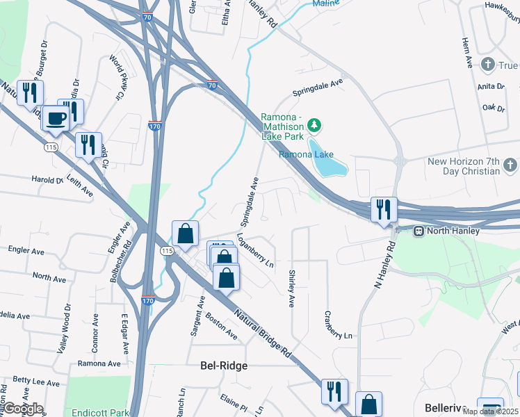 map of restaurants, bars, coffee shops, grocery stores, and more near 4323 Rickey Drive in St. Louis