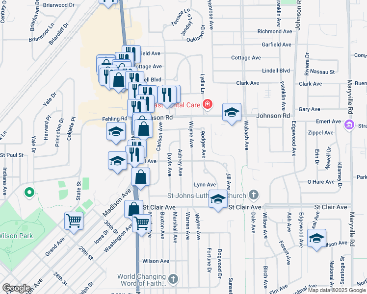 map of restaurants, bars, coffee shops, grocery stores, and more near 3216 Aubrey Avenue in Granite City