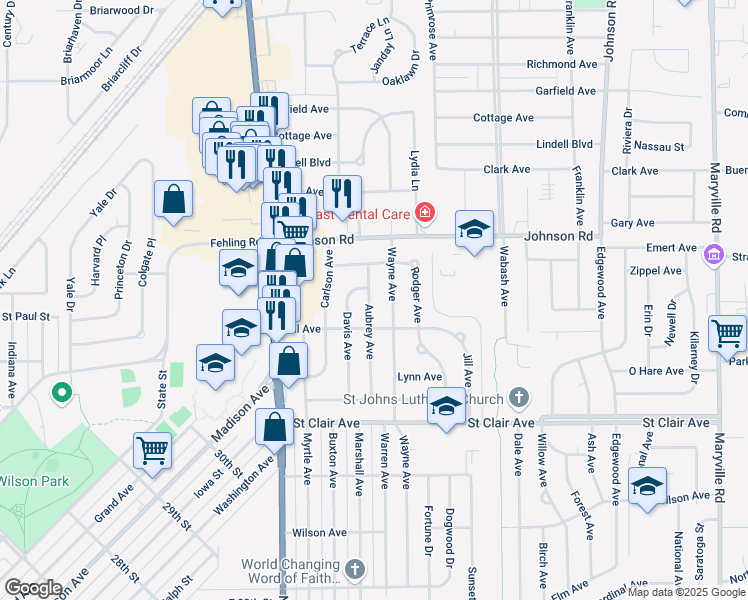 map of restaurants, bars, coffee shops, grocery stores, and more near 3216 Aubrey Avenue in Granite City