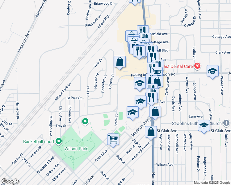 map of restaurants, bars, coffee shops, grocery stores, and more near 3233 Fehling Road in Granite City
