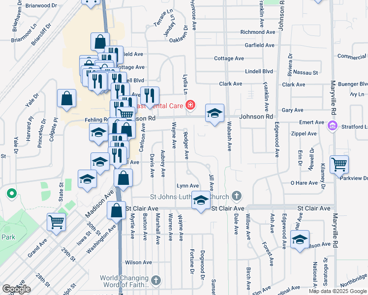 map of restaurants, bars, coffee shops, grocery stores, and more near 3217 Rodger Avenue in Granite City