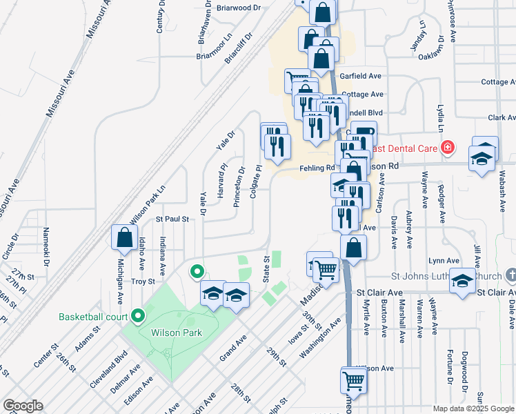 map of restaurants, bars, coffee shops, grocery stores, and more near 3233 Fehling Road in Granite City