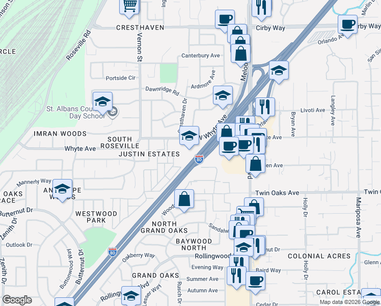 map of restaurants, bars, coffee shops, grocery stores, and more near 7400 Whyte Avenue in Citrus Heights