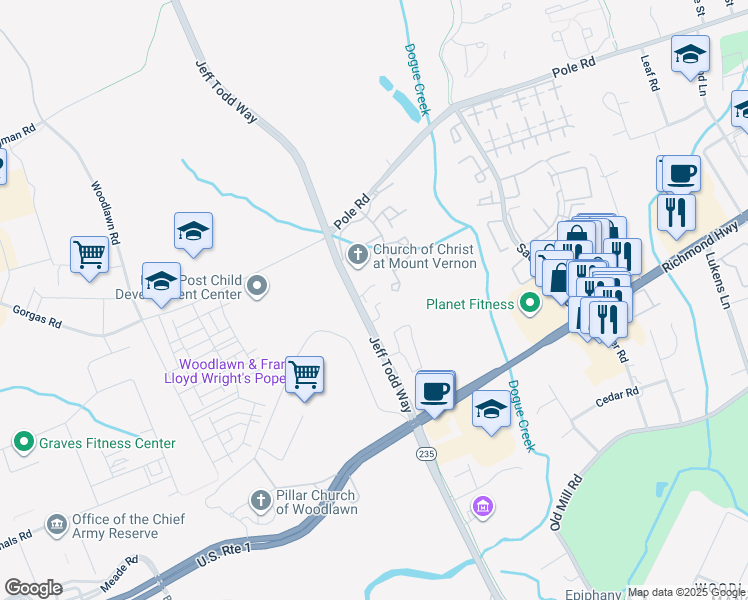 map of restaurants, bars, coffee shops, grocery stores, and more near 8758 Mill Towns Court in Alexandria