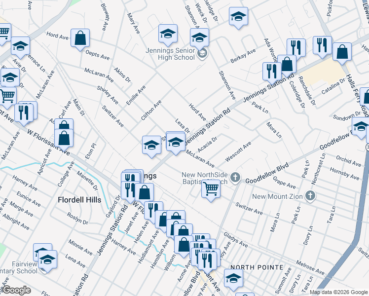 map of restaurants, bars, coffee shops, grocery stores, and more near 2049 McLaran Avenue in Jennings