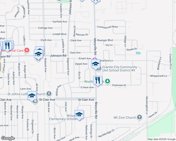 map of restaurants, bars, coffee shops, grocery stores, and more near 3245 Kilarney Drive in Granite City