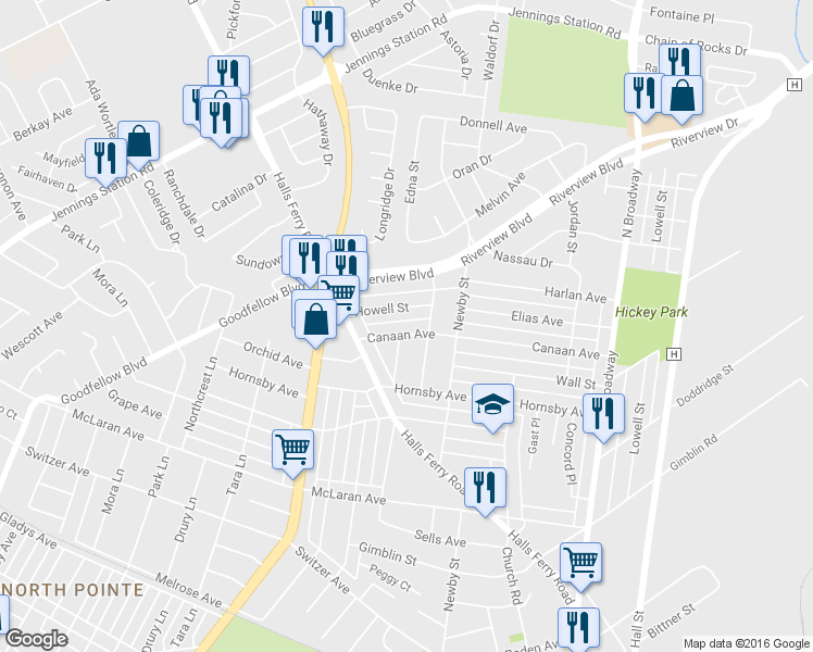 map of restaurants, bars, coffee shops, grocery stores, and more near 1123 Canaan Ave in St Louis
