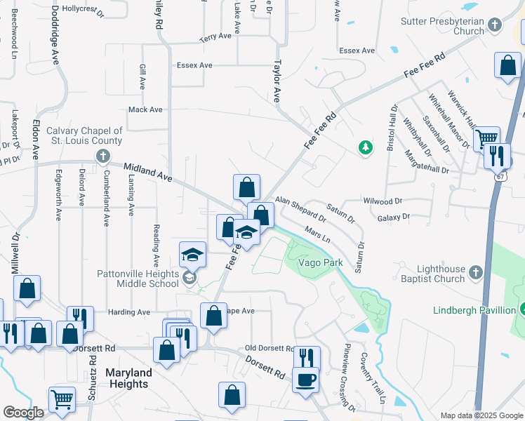 map of restaurants, bars, coffee shops, grocery stores, and more near 2800 Fee Fee Road in Maryland Heights