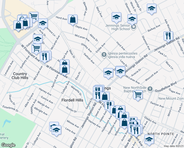 map of restaurants, bars, coffee shops, grocery stores, and more near 8502 Clifton Avenue in Jennings