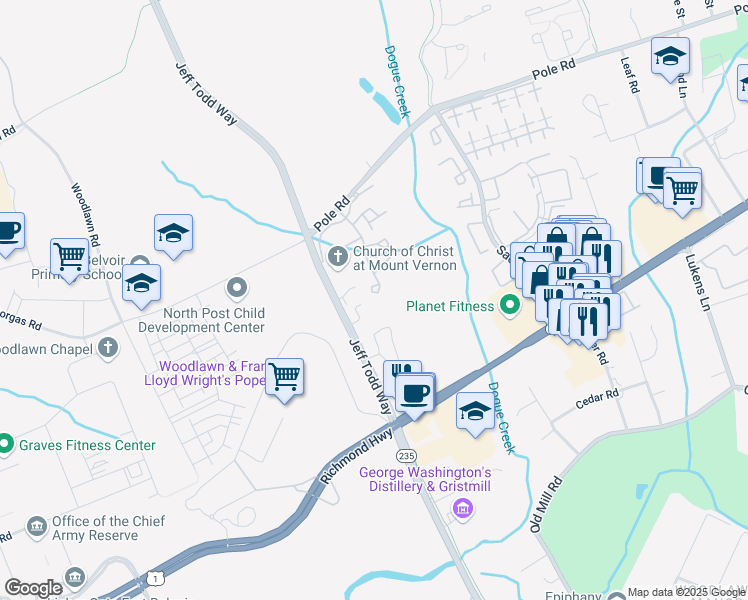 map of restaurants, bars, coffee shops, grocery stores, and more near 8616 Shadwell Drive in Alexandria