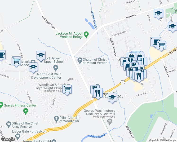 map of restaurants, bars, coffee shops, grocery stores, and more near 8616 Shadwell Drive in Alexandria