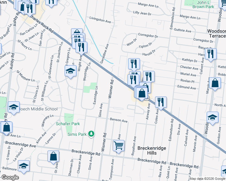 map of restaurants, bars, coffee shops, grocery stores, and more near 3529 Wismer Road in Saint Ann