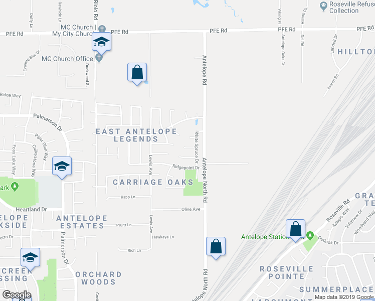 map of restaurants, bars, coffee shops, grocery stores, and more near 5828 Stroud Court in Antelope