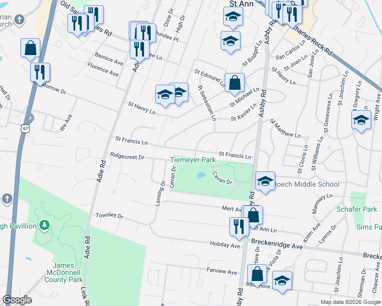 map of restaurants, bars, coffee shops, grocery stores, and more near 10800 Saint Francis Lane in Saint Ann