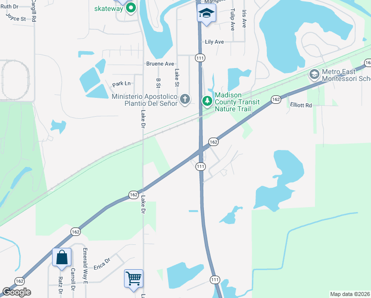 map of restaurants, bars, coffee shops, grocery stores, and more near 4189 Illinois 162 in Pontoon Beach
