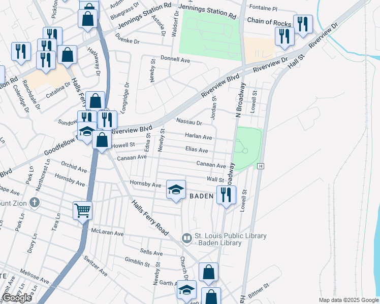 map of restaurants, bars, coffee shops, grocery stores, and more near 916 Elias Ave in St Louis