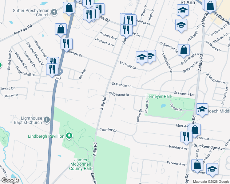 map of restaurants, bars, coffee shops, grocery stores, and more near 10955 Ridgecrest Drive in Saint Ann