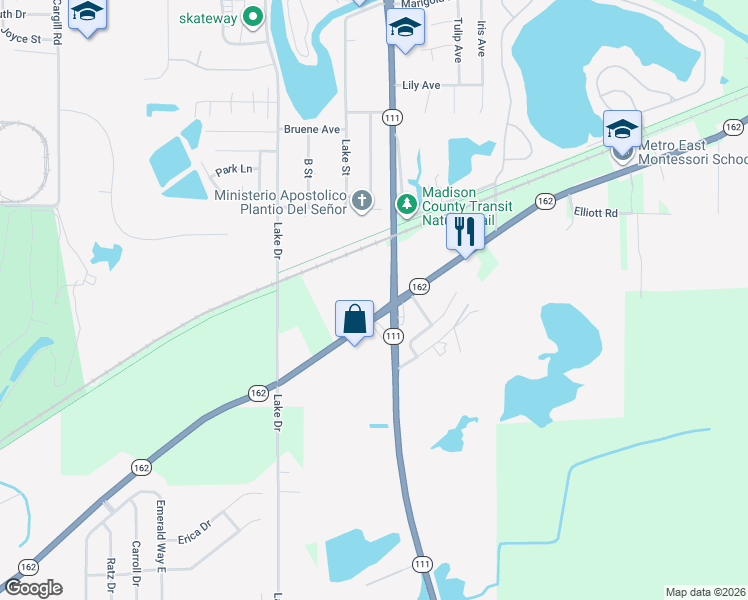 map of restaurants, bars, coffee shops, grocery stores, and more near 4189 Illinois 162 in Pontoon Beach