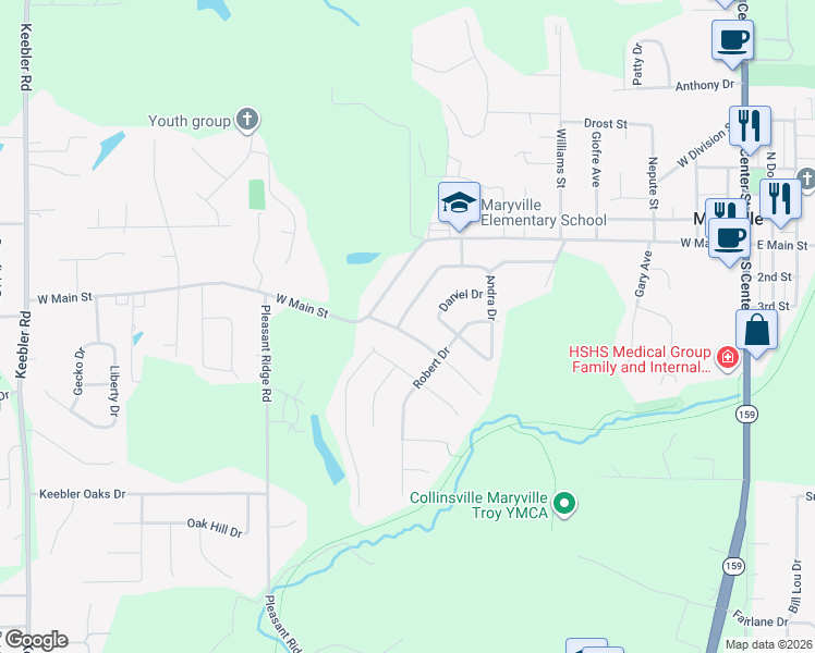 map of restaurants, bars, coffee shops, grocery stores, and more near 1033 Andra Drive in Maryville