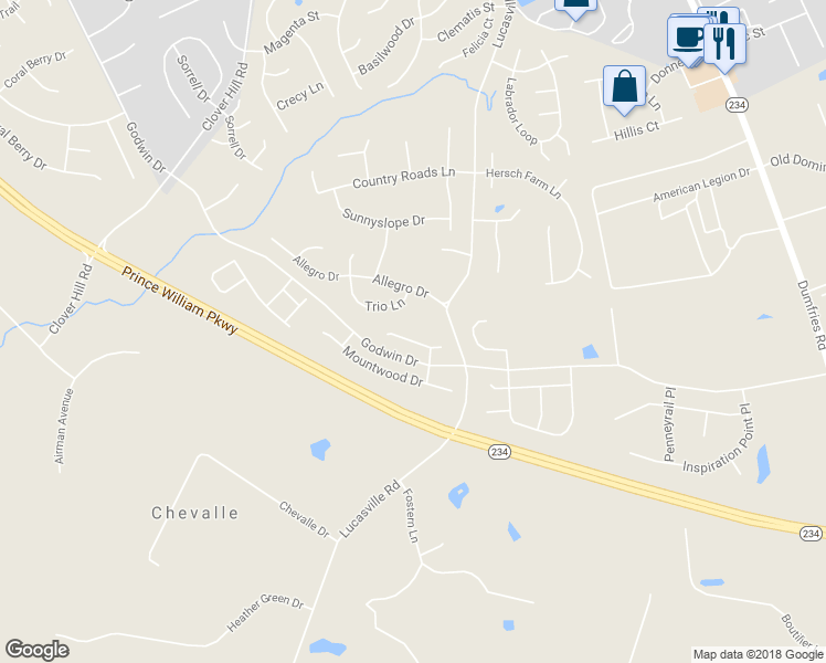 map of restaurants, bars, coffee shops, grocery stores, and more near 10823 Heaven Scent Lane in Manassas