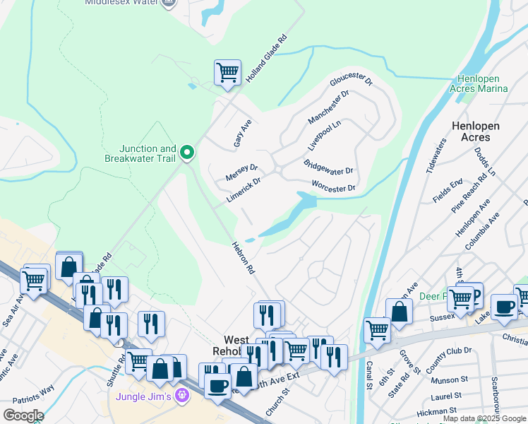 map of restaurants, bars, coffee shops, grocery stores, and more near 19708 Chelmer Drive in Rehoboth Beach