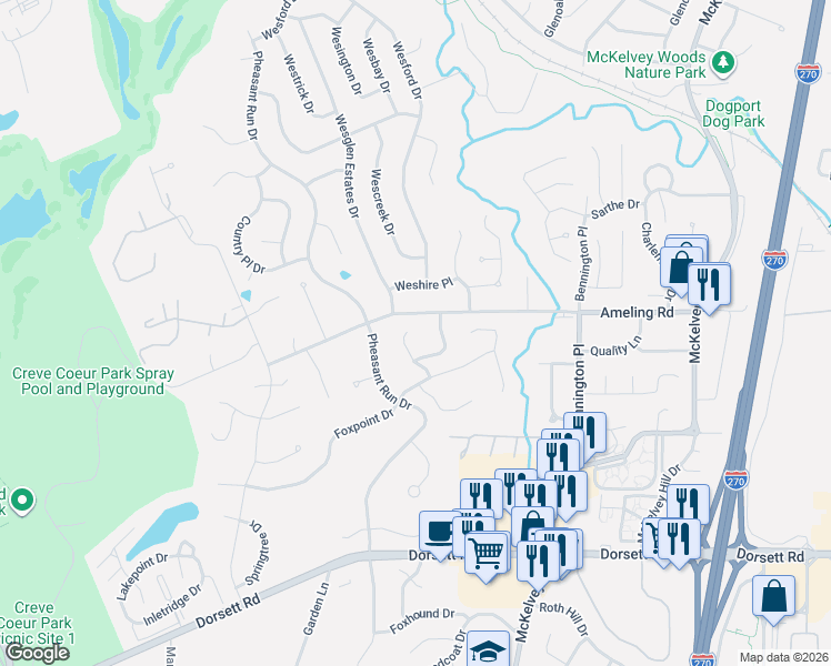 map of restaurants, bars, coffee shops, grocery stores, and more near 2190 Cherry Cove Court in Maryland Heights
