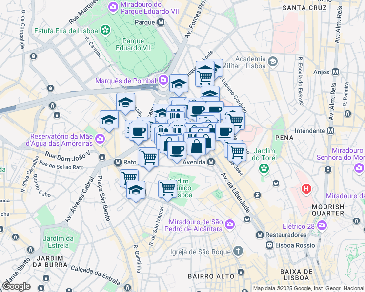map of restaurants, bars, coffee shops, grocery stores, and more near 31 Rua Barata Salgueiro in Lisboa