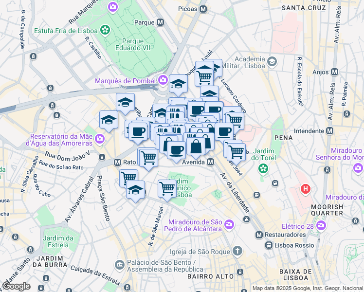 map of restaurants, bars, coffee shops, grocery stores, and more near 31 Rua Barata Salgueiro in Lisboa