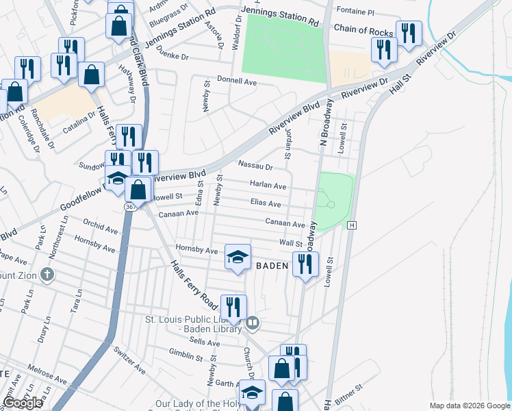 map of restaurants, bars, coffee shops, grocery stores, and more near 916 Elias Avenue in St. Louis