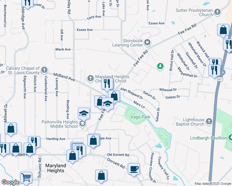 map of restaurants, bars, coffee shops, grocery stores, and more near 2800 Fee Fee Road in Maryland Heights