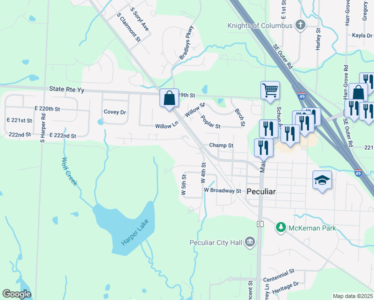 map of restaurants, bars, coffee shops, grocery stores, and more near 106 Shari Drive in Peculiar