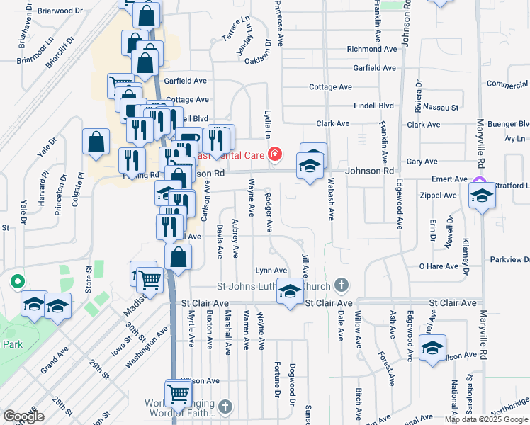 map of restaurants, bars, coffee shops, grocery stores, and more near 3217 Rodger Avenue in Granite City