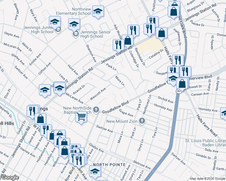map of restaurants, bars, coffee shops, grocery stores, and more near 1921 Grape Avenue in Saint Louis