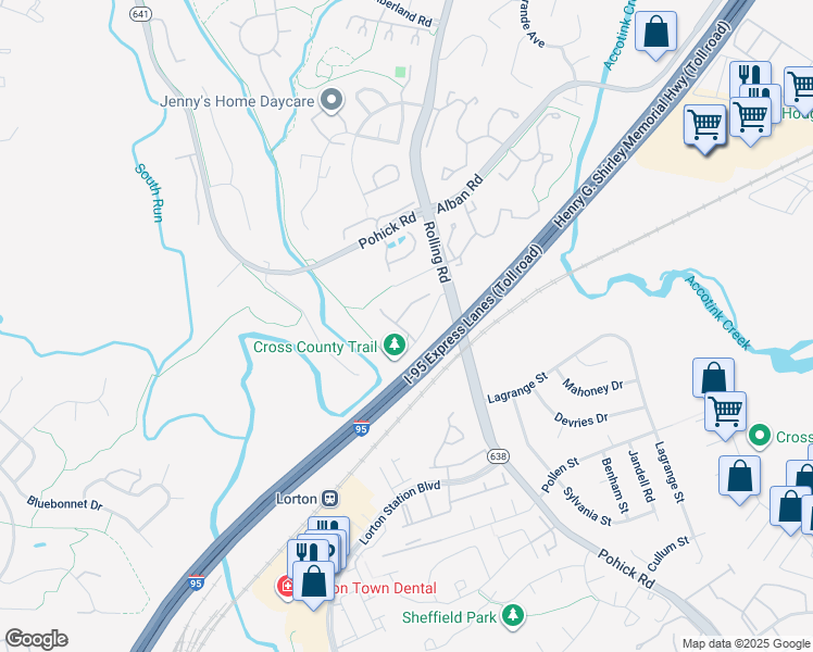map of restaurants, bars, coffee shops, grocery stores, and more near 8725 Wadebrook Terrace in Springfield