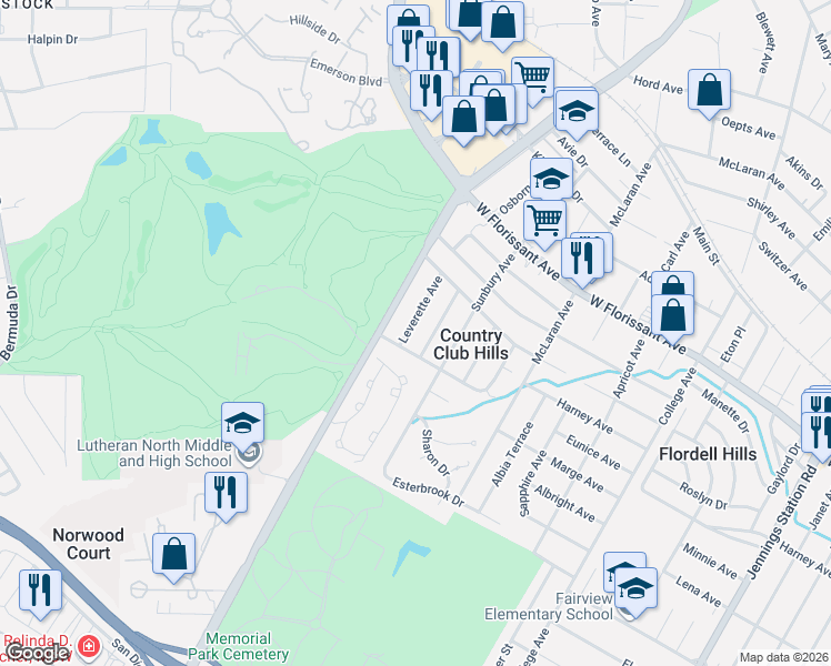 map of restaurants, bars, coffee shops, grocery stores, and more near 5601 Leverette Avenue in St. Louis