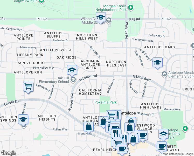 map of restaurants, bars, coffee shops, grocery stores, and more near 8340 Lonely Hill Way in Antelope