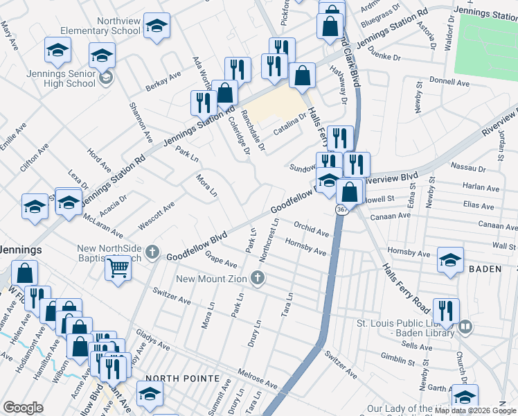 map of restaurants, bars, coffee shops, grocery stores, and more near 8905 Goodfellow Boulevard in St. Louis