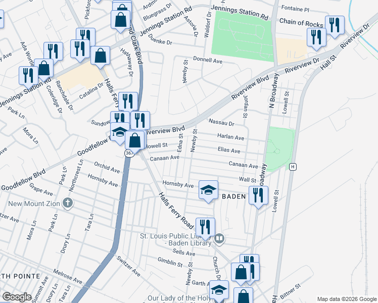 map of restaurants, bars, coffee shops, grocery stores, and more near 1011 Canaan Avenue in St. Louis