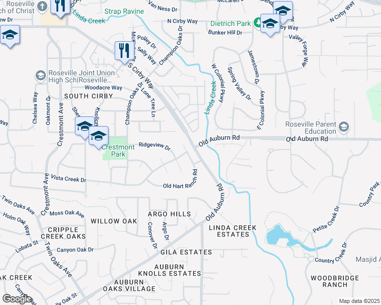map of restaurants, bars, coffee shops, grocery stores, and more near 1607 Old Hart Ranch Road in Roseville