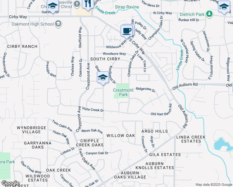 map of restaurants, bars, coffee shops, grocery stores, and more near 1500 Champion Oaks Drive in Roseville