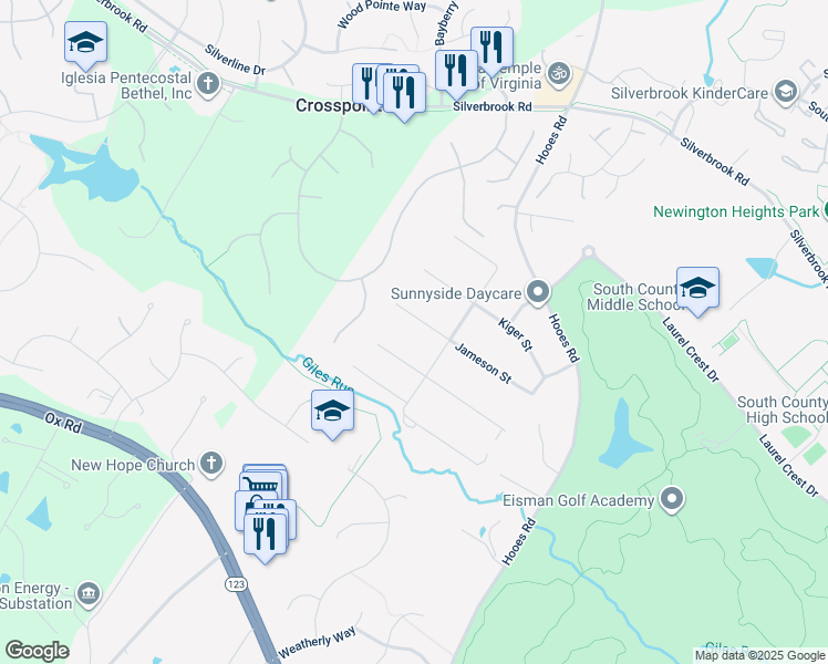 map of restaurants, bars, coffee shops, grocery stores, and more near 9011 Jameson Street in Lorton