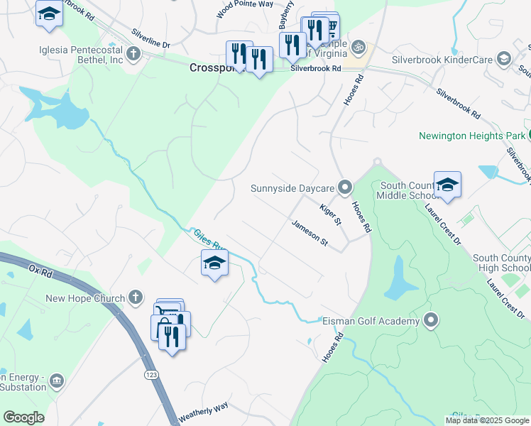map of restaurants, bars, coffee shops, grocery stores, and more near 9011 Jameson Street in Lorton