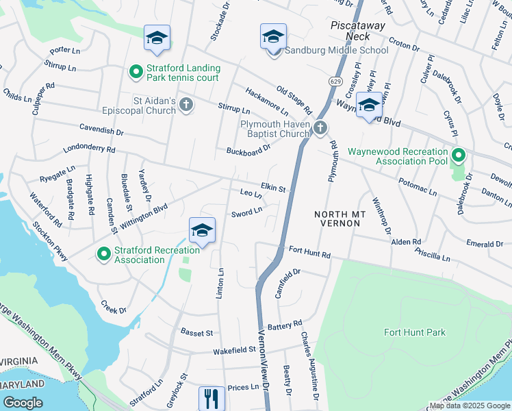 map of restaurants, bars, coffee shops, grocery stores, and more near 1902 Sword Lane in Alexandria