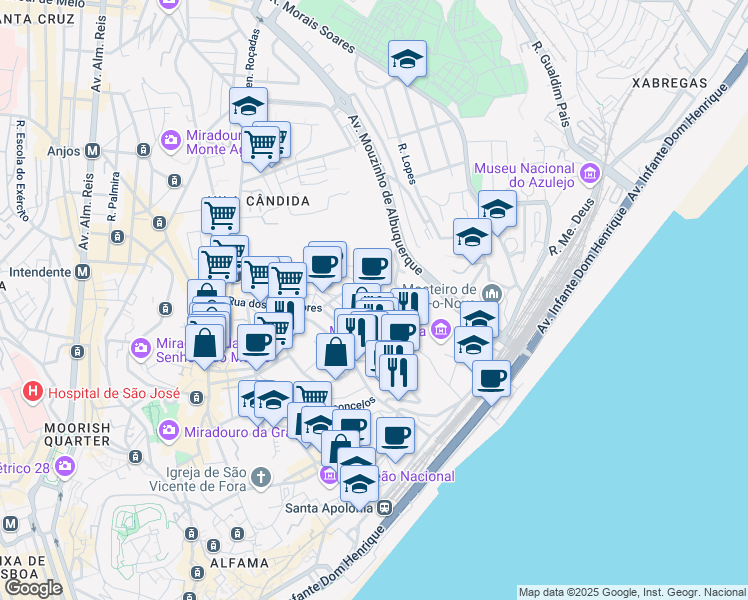 map of restaurants, bars, coffee shops, grocery stores, and more near 19 Rua General Justiniano Padrel in Lisbon