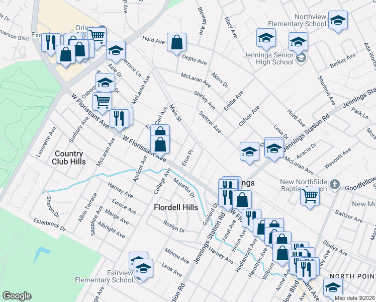 map of restaurants, bars, coffee shops, grocery stores, and more near 8347 Mayfair Place in Jennings