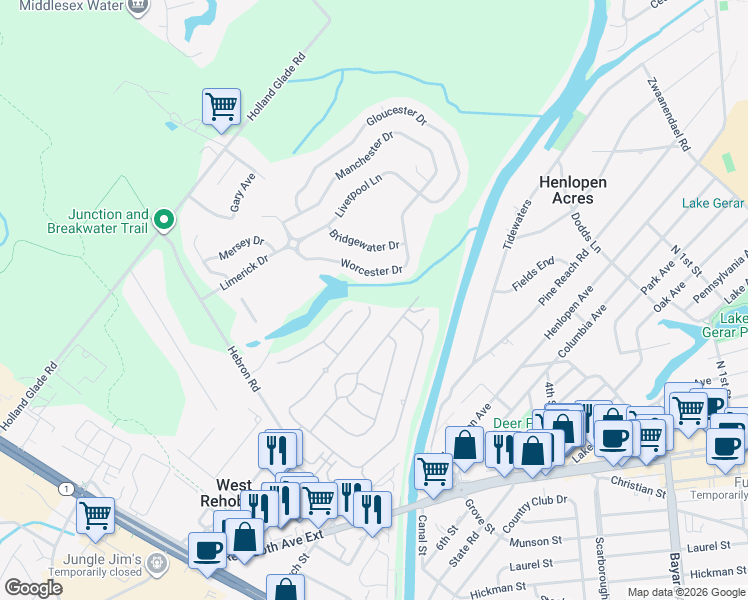 map of restaurants, bars, coffee shops, grocery stores, and more near 34 Wades Court in Rehoboth Beach